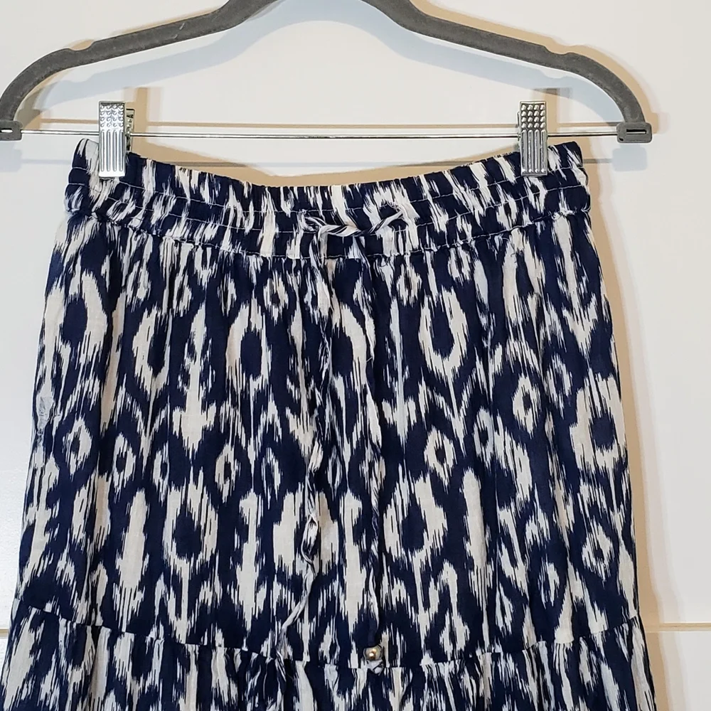 Mlle Gabrielle Maxi Skirt Tiered Lined 100% Cotton Blue White Print Size Small
